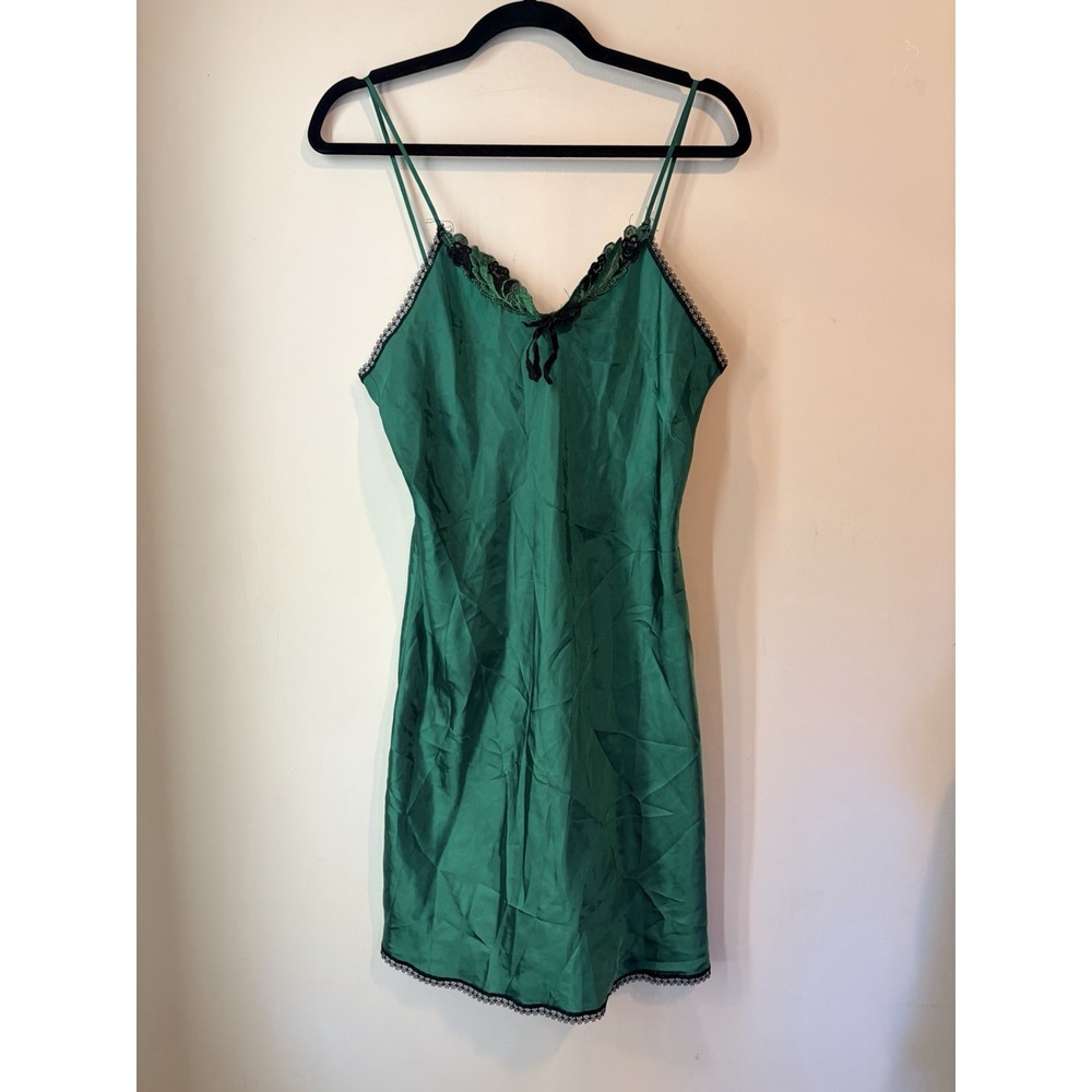 Vintage Satin Slip Lingerie Dress Nighty Green Lace Trim Medium Made In USA